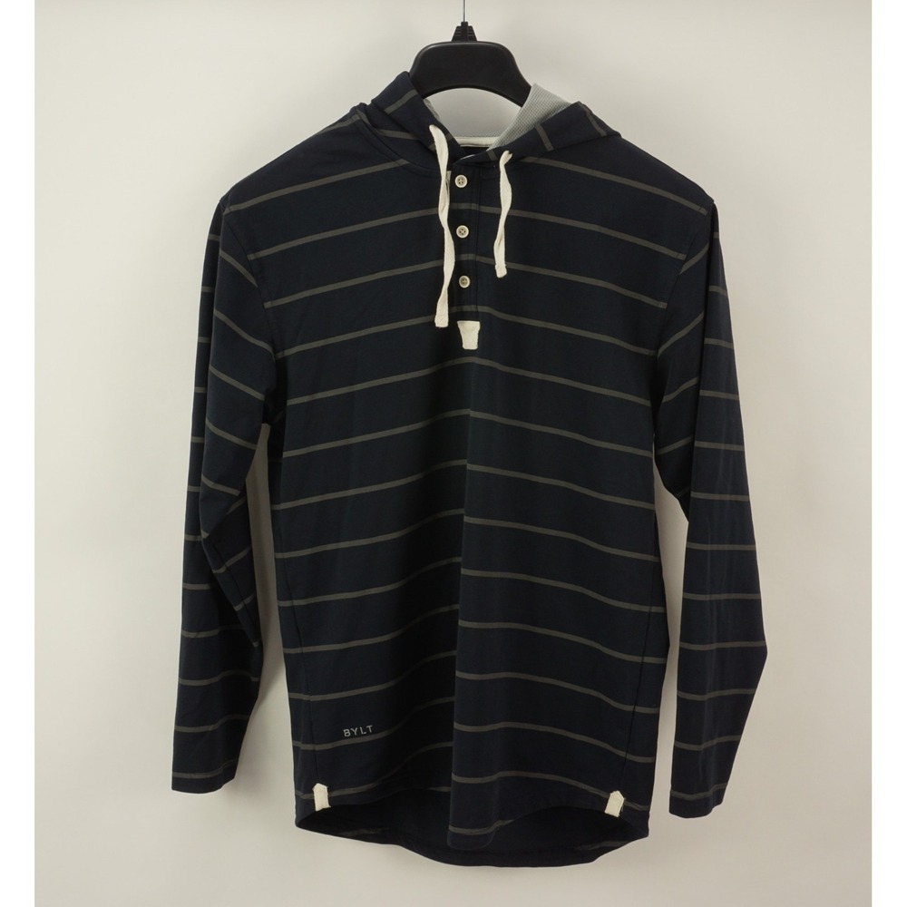 BYLT Drop Cut Hooded Henley Men's Medium Gray striped Lux Pullover Stretch
